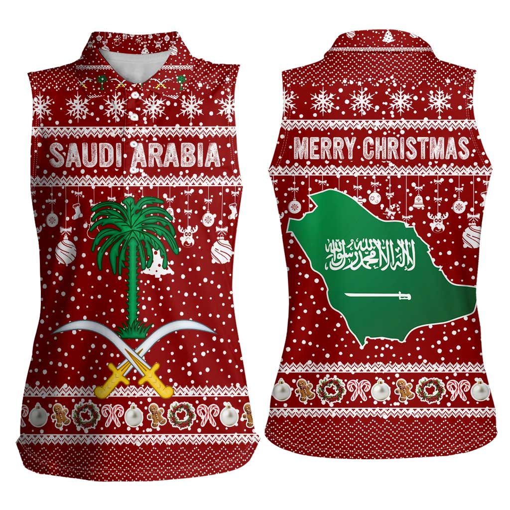Saudi Arabia Christmas Women Sleeveless Polo Shirt with Red Festive Pattern, National Emblem with Palm and Swords, and Map Motif - Wonder Print Shop