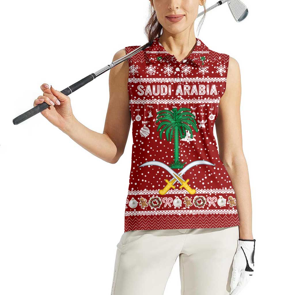 Saudi Arabia Christmas Women Sleeveless Polo Shirt with Red Festive Pattern, National Emblem with Palm and Swords, and Map Motif - Wonder Print Shop