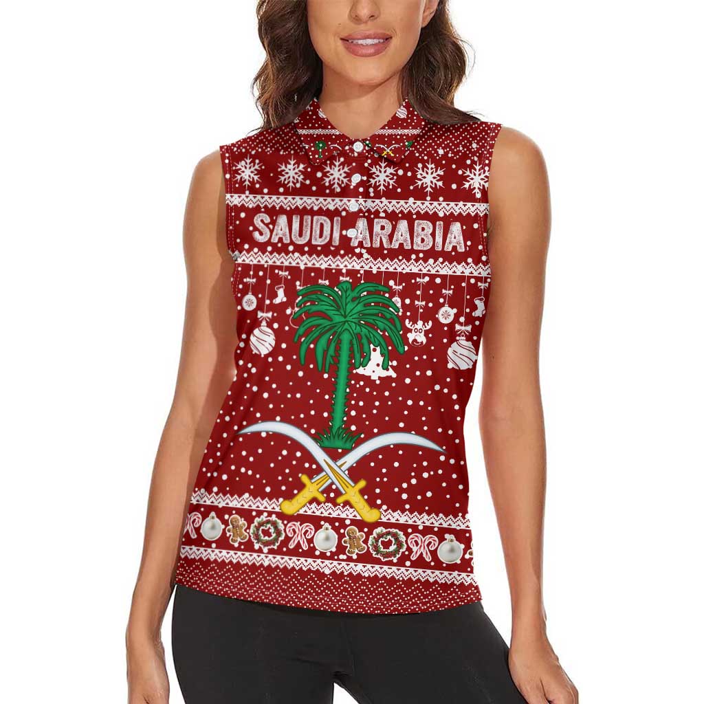 Saudi Arabia Christmas Women Sleeveless Polo Shirt with Red Festive Pattern, National Emblem with Palm and Swords, and Map Motif - Wonder Print Shop