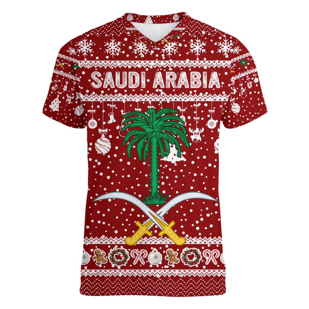 Saudi Arabia Christmas Women V-Neck T-Shirt with Red Festive Pattern, National Emblem with Palm and Swords, and Map Motif - Wonder Print Shop