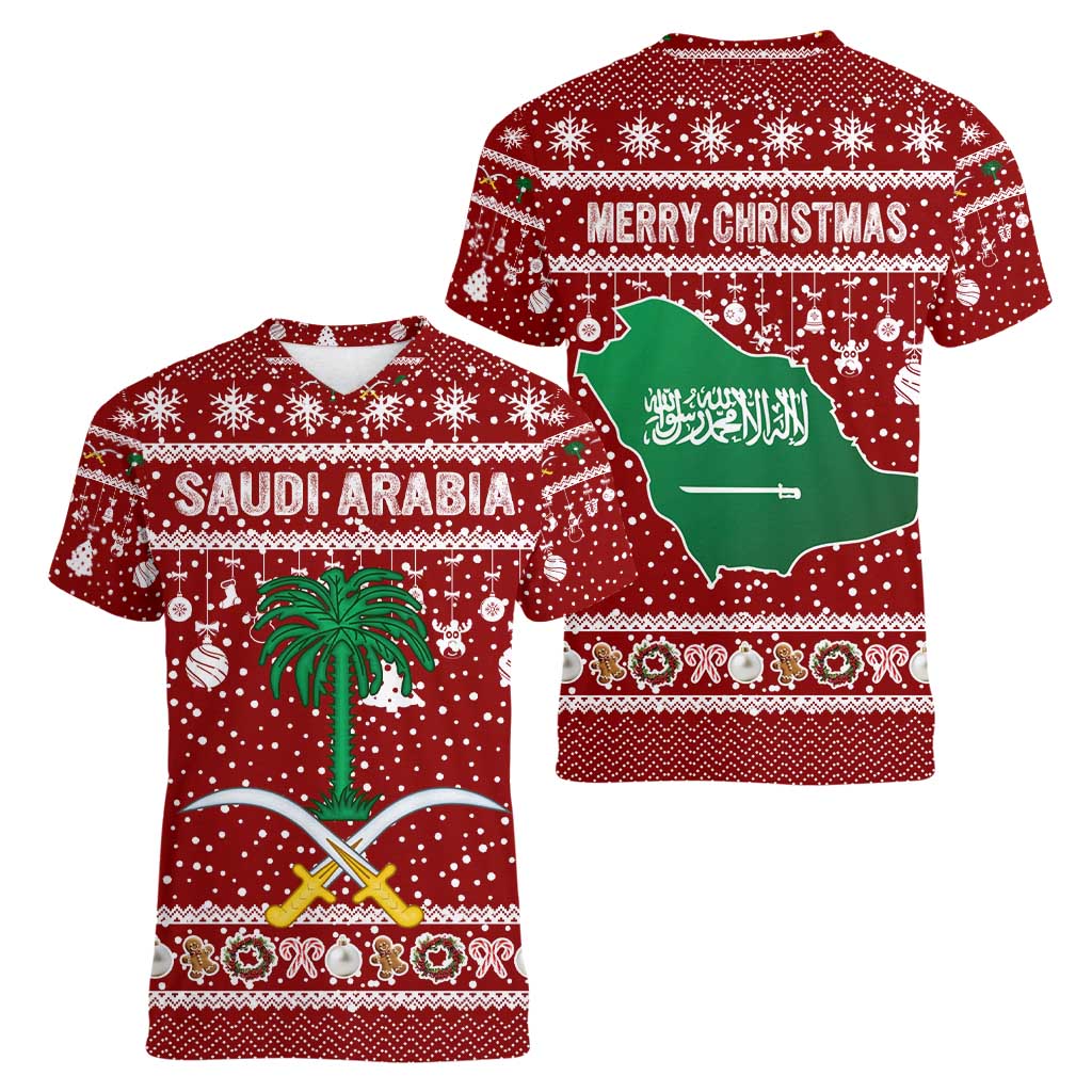 Saudi Arabia Christmas Women V-Neck T-Shirt with Red Festive Pattern, National Emblem with Palm and Swords, and Map Motif - Wonder Print Shop