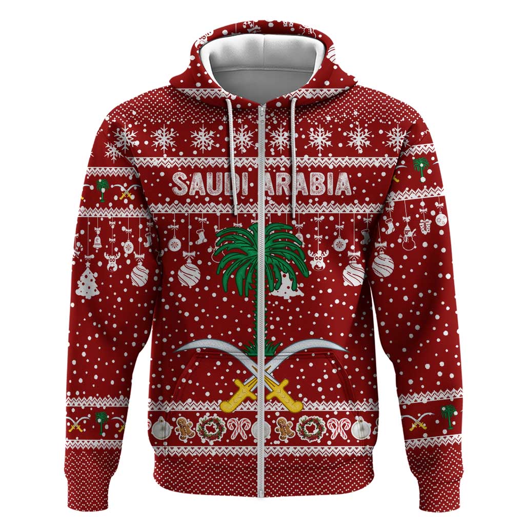 Saudi Arabia Christmas Zip Hoodie with Red Festive Pattern, National Emblem with Palm and Swords, and Map Motif - Wonder Print Shop