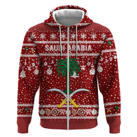 Saudi Arabia Christmas Zip Hoodie with Red Festive Pattern, National Emblem with Palm and Swords, and Map Motif - Wonder Print Shop