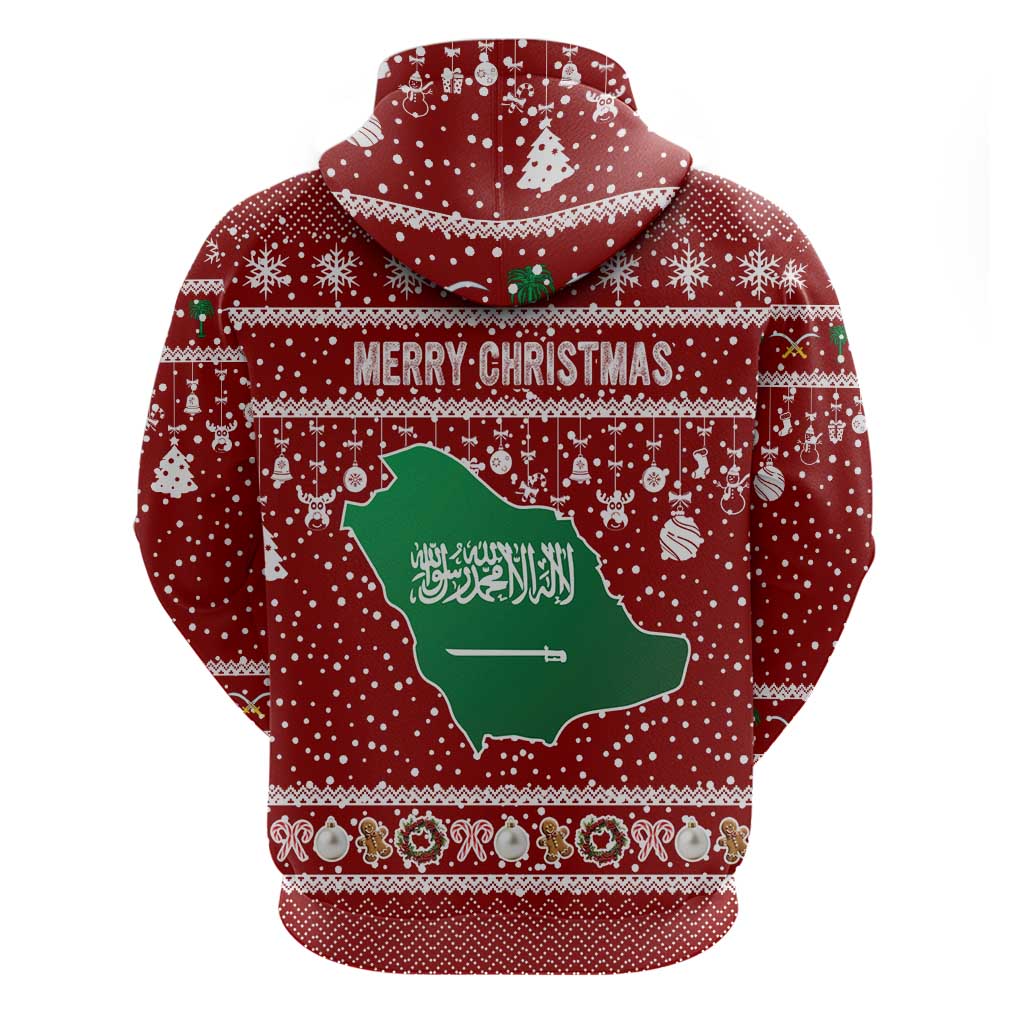 Saudi Arabia Christmas Zip Hoodie with Red Festive Pattern, National Emblem with Palm and Swords, and Map Motif - Wonder Print Shop