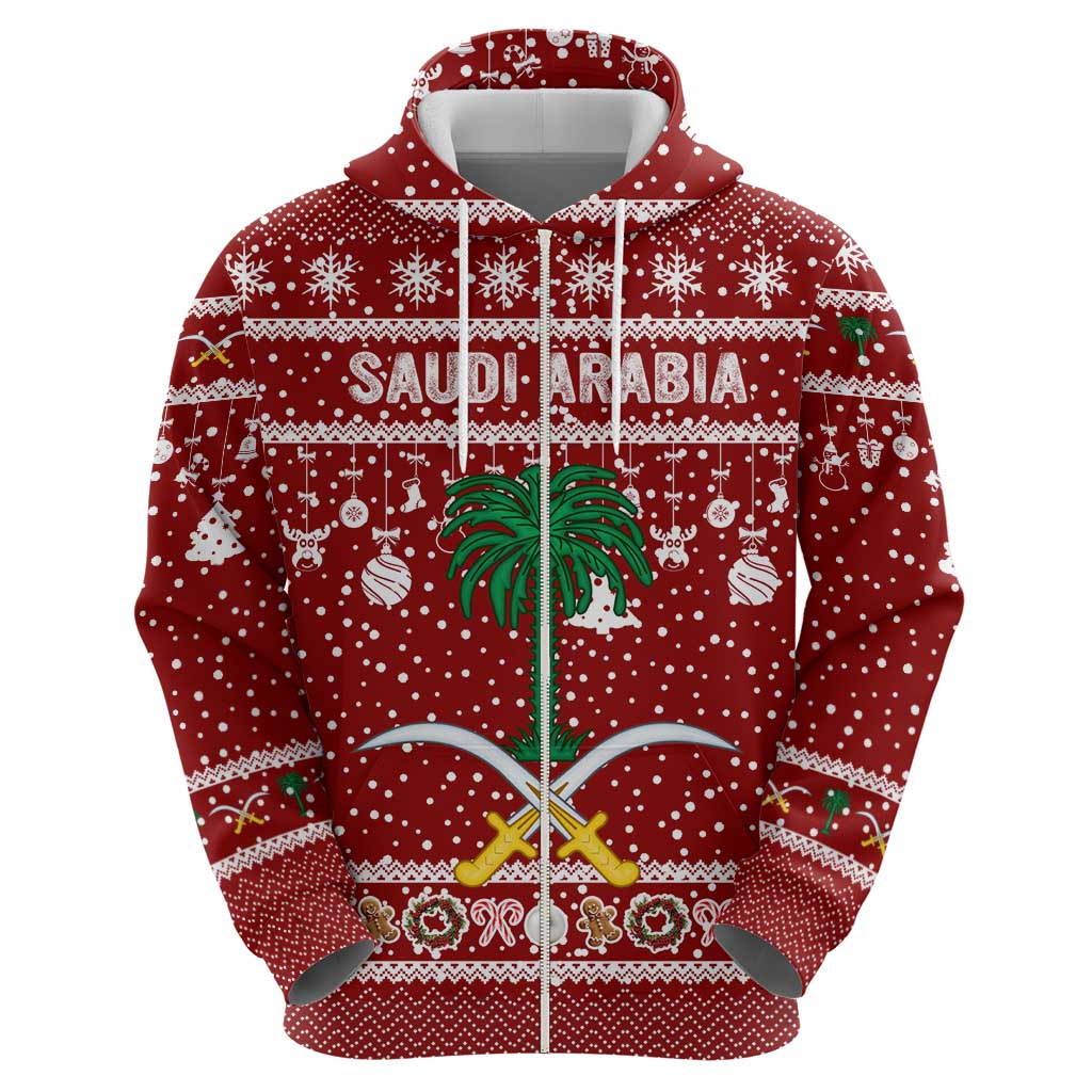 Saudi Arabia Christmas Zip Hoodie with Red Festive Pattern, National Emblem with Palm and Swords, and Map Motif - Wonder Print Shop