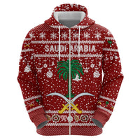 Saudi Arabia Christmas Zip Hoodie with Red Festive Pattern, National Emblem with Palm and Swords, and Map Motif - Wonder Print Shop