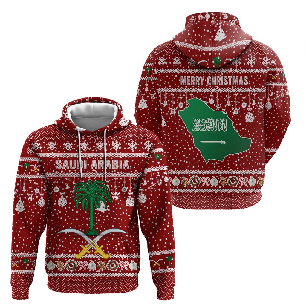 Saudi Arabia Christmas Zip Hoodie with Red Festive Pattern, National Emblem with Palm and Swords, and Map Motif - Wonder Print Shop