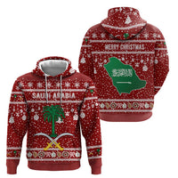 Saudi Arabia Christmas Zip Hoodie with Red Festive Pattern, National Emblem with Palm and Swords, and Map Motif - Wonder Print Shop