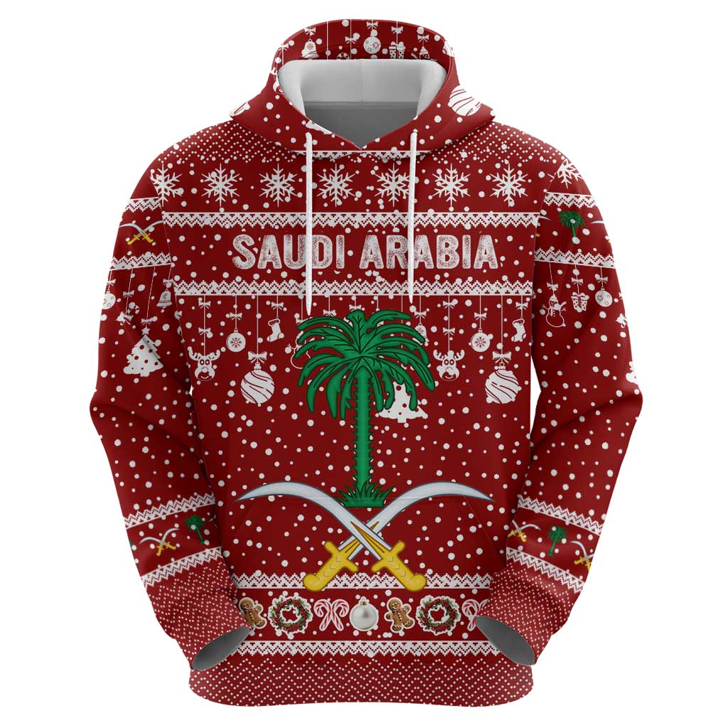 Saudi Arabia Christmas Zip Hoodie with Red Festive Pattern, National Emblem with Palm and Swords, and Map Motif - Wonder Print Shop