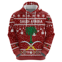 Saudi Arabia Christmas Zip Hoodie with Red Festive Pattern, National Emblem with Palm and Swords, and Map Motif - Wonder Print Shop