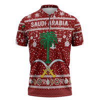 Saudi Arabia Christmas Zipper Polo Shirt with Red Festive Pattern, National Emblem with Palm and Swords, and Map Motif - Wonder Print Shop