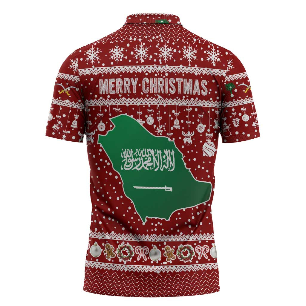 Saudi Arabia Christmas Zipper Polo Shirt with Red Festive Pattern, National Emblem with Palm and Swords, and Map Motif - Wonder Print Shop