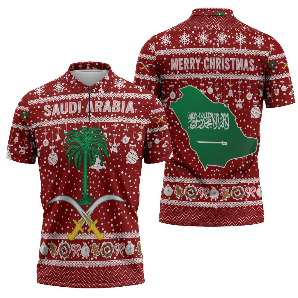 Saudi Arabia Christmas Zipper Polo Shirt with Red Festive Pattern, National Emblem with Palm and Swords, and Map Motif - Wonder Print Shop