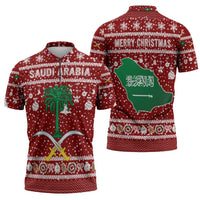 Saudi Arabia Christmas Zipper Polo Shirt with Red Festive Pattern, National Emblem with Palm and Swords, and Map Motif - Wonder Print Shop