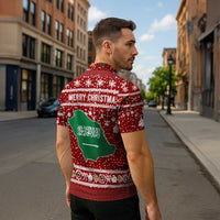 Saudi Arabia Christmas Zipper Polo Shirt with Red Festive Pattern, National Emblem with Palm and Swords, and Map Motif - Wonder Print Shop
