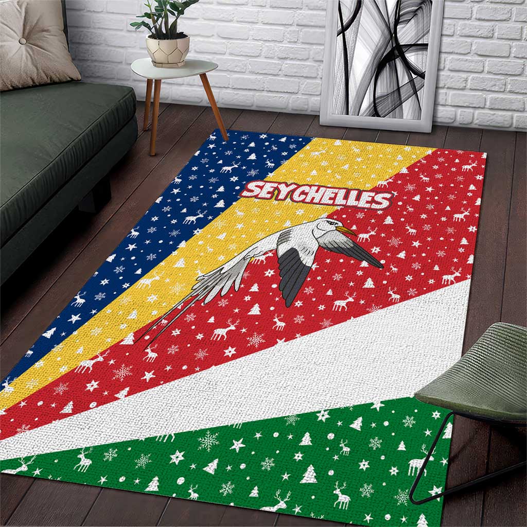 Seychelles Christmas Area Rug with Flag Colors Pattern, Tropical Bird Motif, and National Coat of Arms - Wonder Print Shop