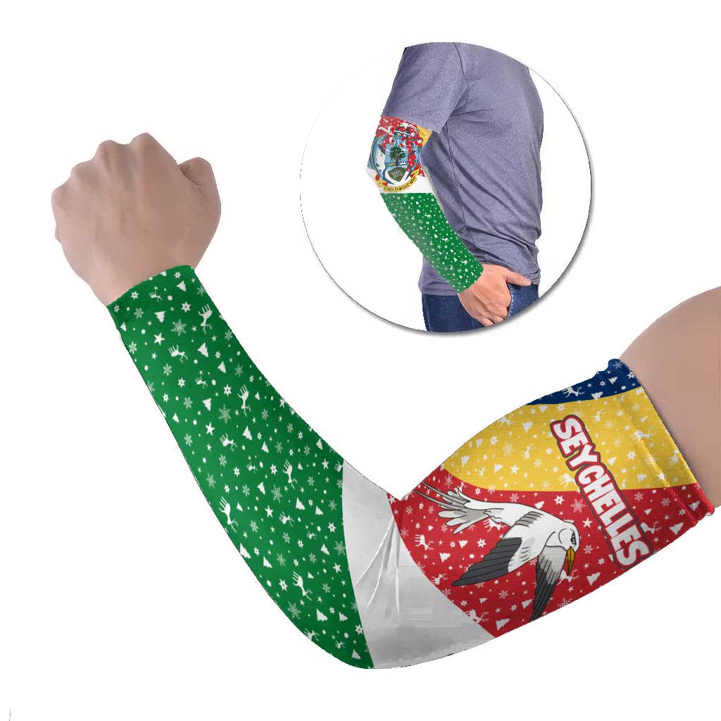 Seychelles Christmas Arm Sleeves with Flag Colors Pattern, Tropical Bird Motif, and National Coat of Arms - Wonder Print Shop
