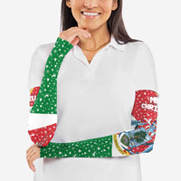 Seychelles Christmas Arm Sleeves with Flag Colors Pattern, Tropical Bird Motif, and National Coat of Arms - Wonder Print Shop