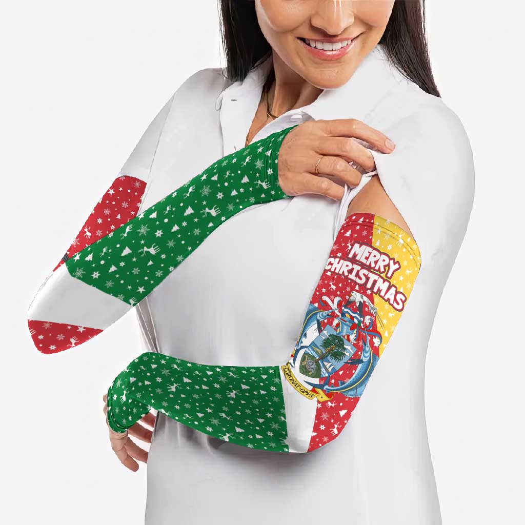 Seychelles Christmas Arm Sleeves with Flag Colors Pattern, Tropical Bird Motif, and National Coat of Arms - Wonder Print Shop