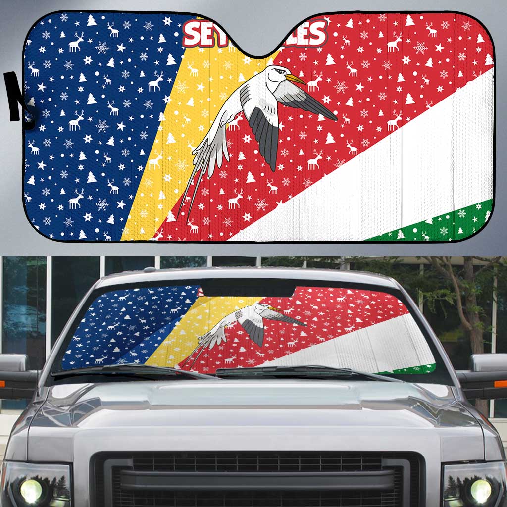 Seychelles Christmas Auto Sun Shade with Flag Colors Pattern, Tropical Bird Motif, and National Coat of Arms - Wonder Print Shop