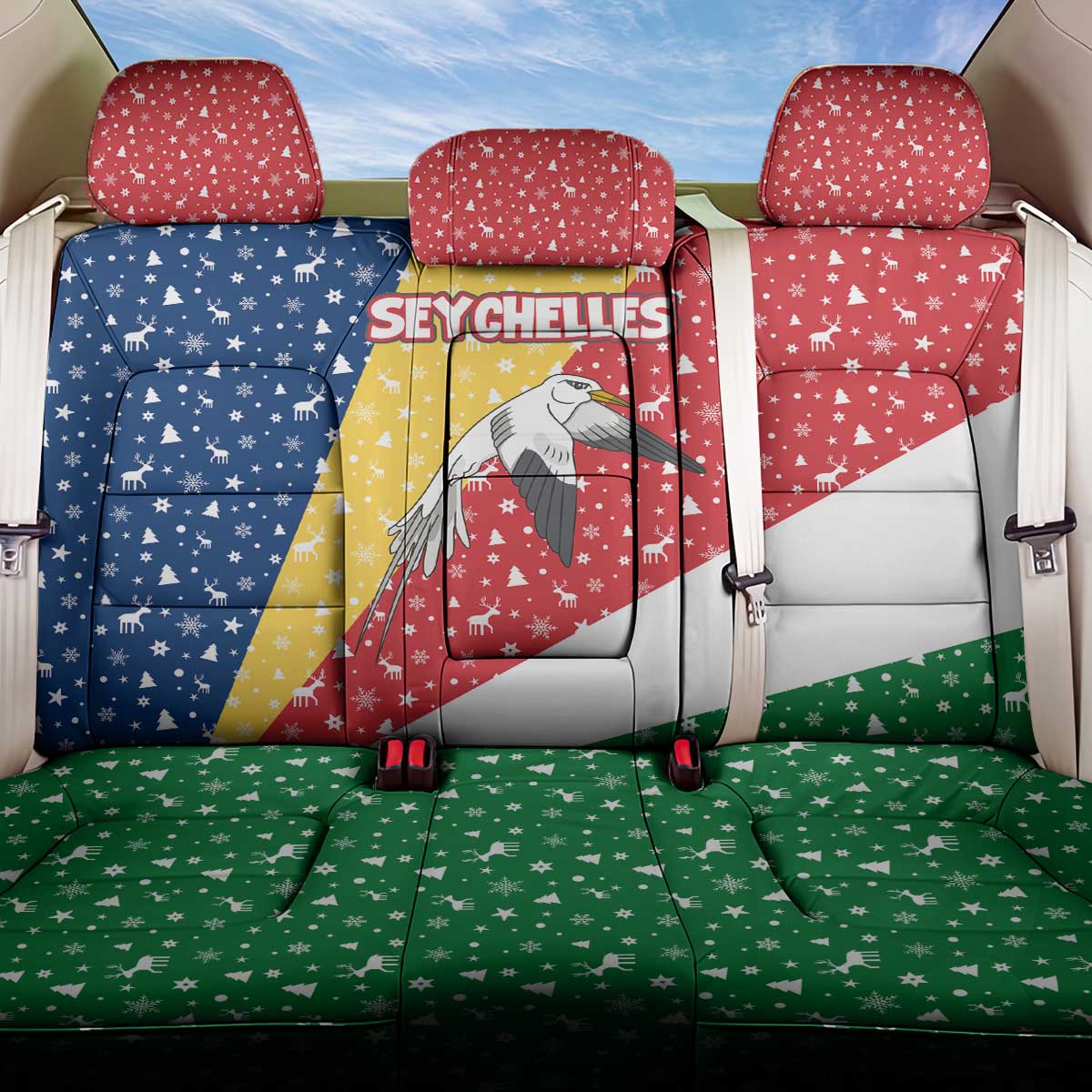 Seychelles Christmas Back Car Seat Cover with Flag Colors Pattern, Tropical Bird Motif, and National Coat of Arms - Wonder Print Shop