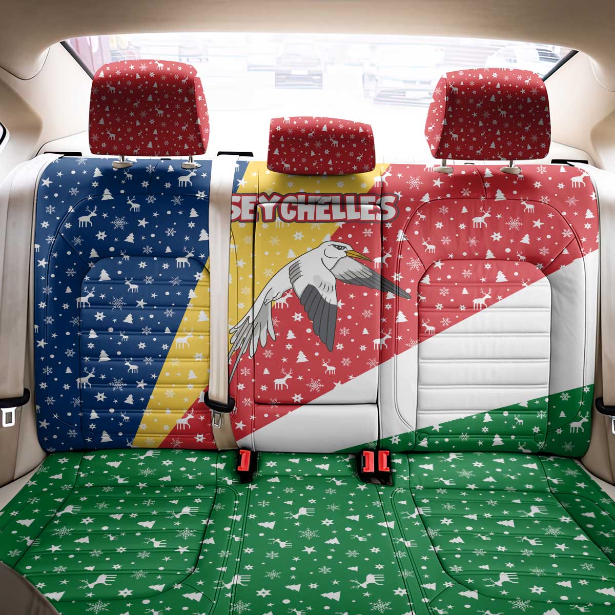 Seychelles Christmas Back Car Seat Cover with Flag Colors Pattern, Tropical Bird Motif, and National Coat of Arms - Wonder Print Shop