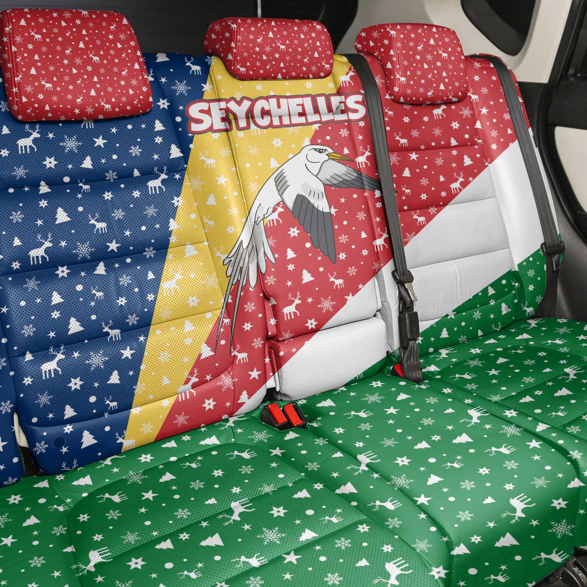 Seychelles Christmas Back Car Seat Cover with Flag Colors Pattern, Tropical Bird Motif, and National Coat of Arms - Wonder Print Shop