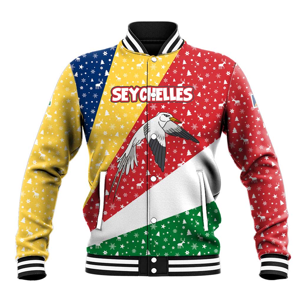 Seychelles Christmas Baseball Jacket with Flag Colors Pattern, Tropical Bird Motif, and National Coat of Arms - Wonder Print Shop