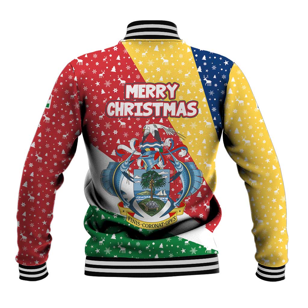 Seychelles Christmas Baseball Jacket with Flag Colors Pattern, Tropical Bird Motif, and National Coat of Arms - Wonder Print Shop