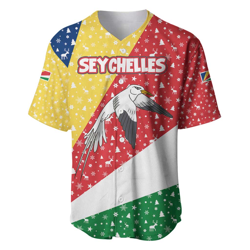 Seychelles Christmas Baseball Jersey with Flag Colors Pattern, Tropical Bird Motif, and National Coat of Arms - Wonder Print Shop