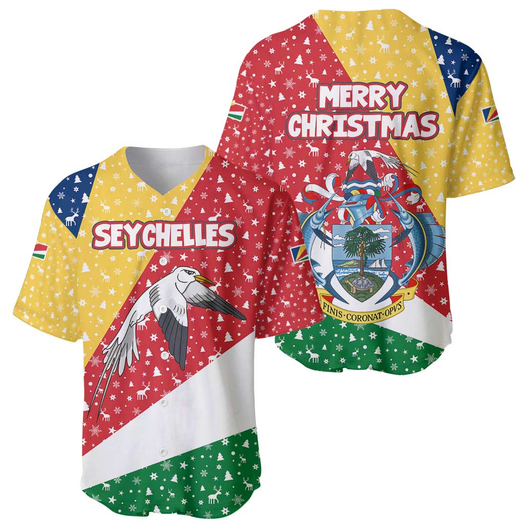 Seychelles Christmas Baseball Jersey with Flag Colors Pattern, Tropical Bird Motif, and National Coat of Arms - Wonder Print Shop