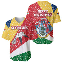 Seychelles Christmas Baseball Jersey with Flag Colors Pattern, Tropical Bird Motif, and National Coat of Arms - Wonder Print Shop