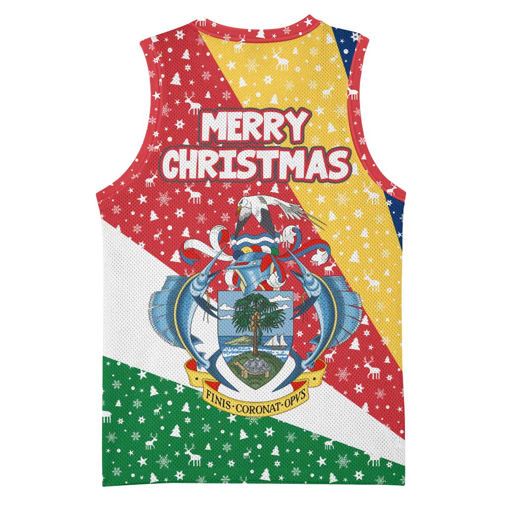 Seychelles Christmas Basketball Jersey with Flag Colors Pattern, Tropical Bird Motif, and National Coat of Arms - Wonder Print Shop