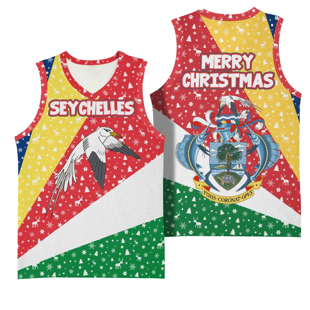Seychelles Christmas Basketball Jersey with Flag Colors Pattern, Tropical Bird Motif, and National Coat of Arms - Wonder Print Shop
