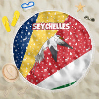 Seychelles Christmas Beach Blanket with Flag Colors Pattern, Tropical Bird Motif, and National Coat of Arms - Wonder Print Shop