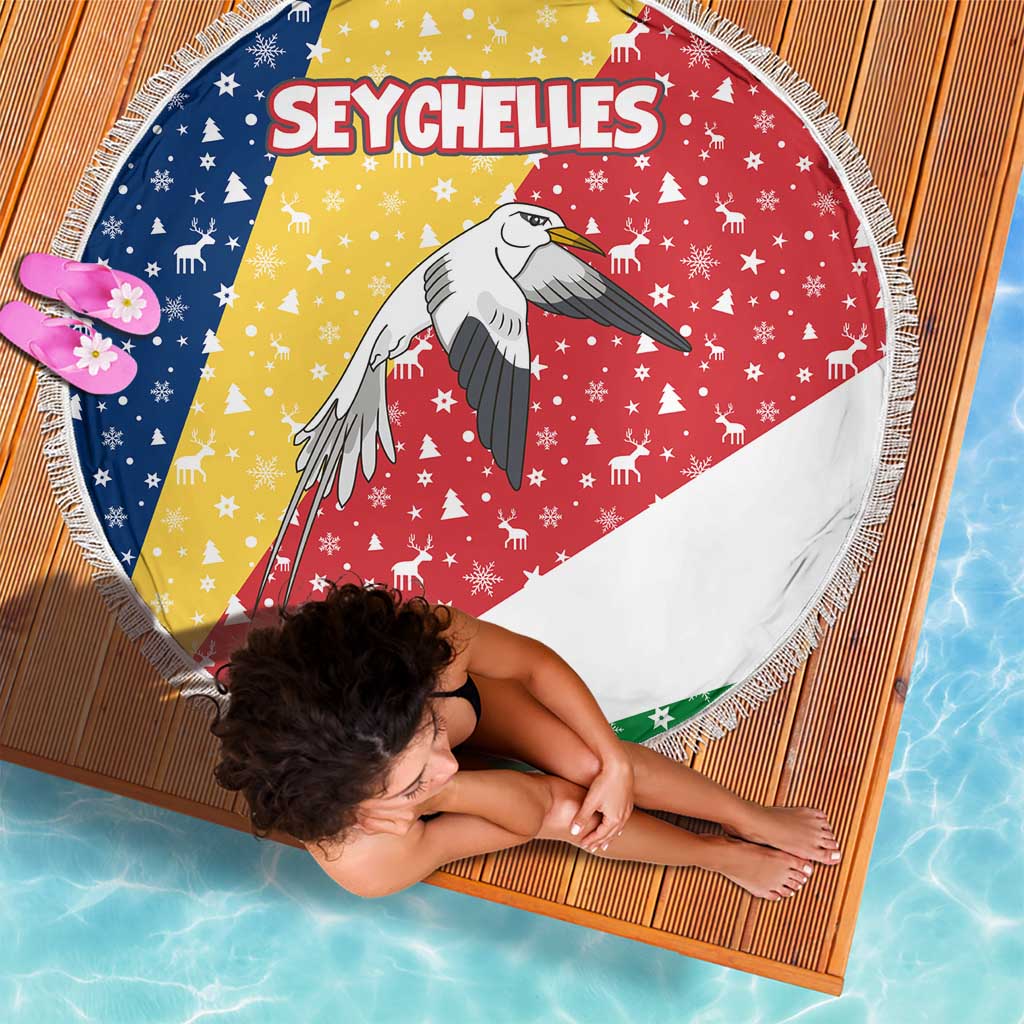Seychelles Christmas Beach Blanket with Flag Colors Pattern, Tropical Bird Motif, and National Coat of Arms - Wonder Print Shop