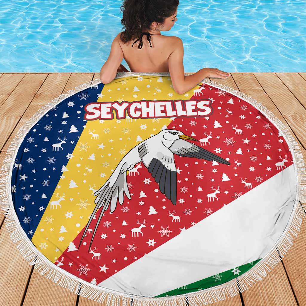 Seychelles Christmas Beach Blanket with Flag Colors Pattern, Tropical Bird Motif, and National Coat of Arms - Wonder Print Shop