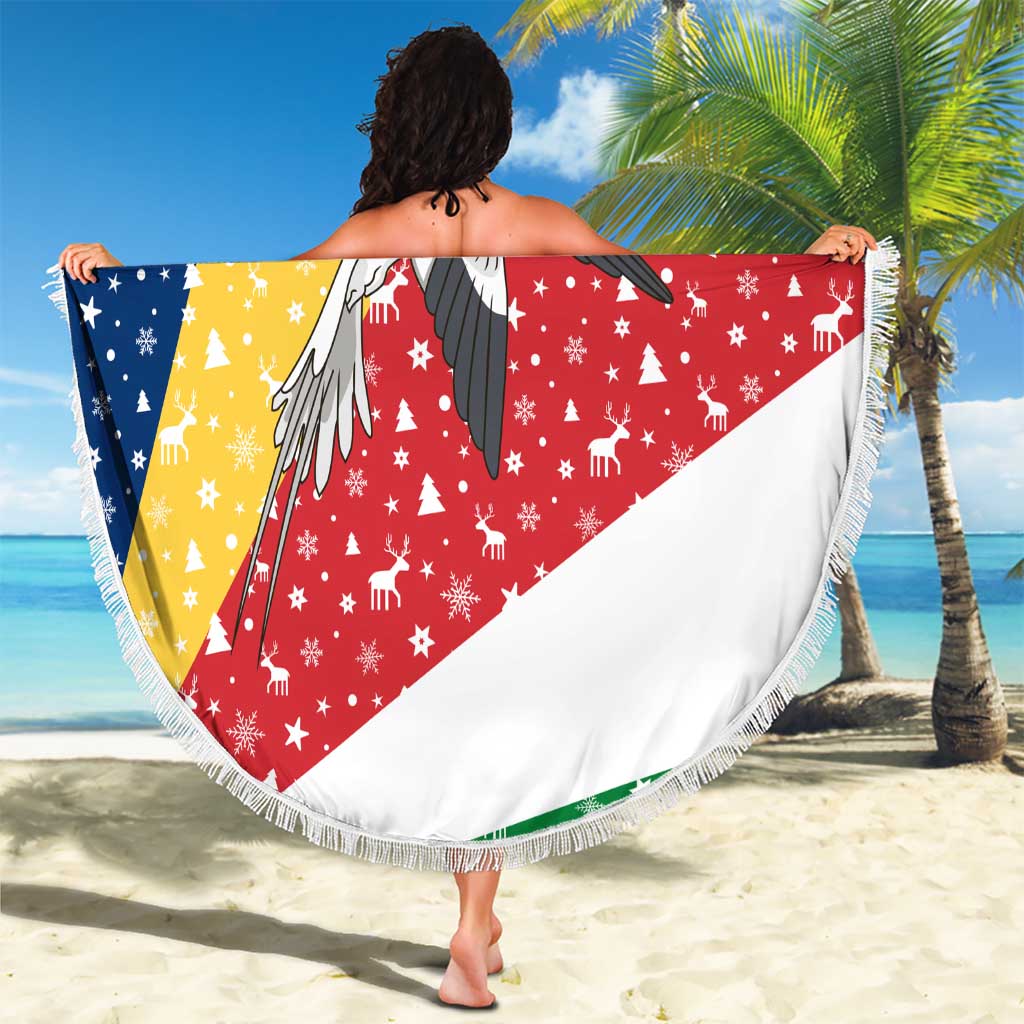 Seychelles Christmas Beach Blanket with Flag Colors Pattern, Tropical Bird Motif, and National Coat of Arms - Wonder Print Shop