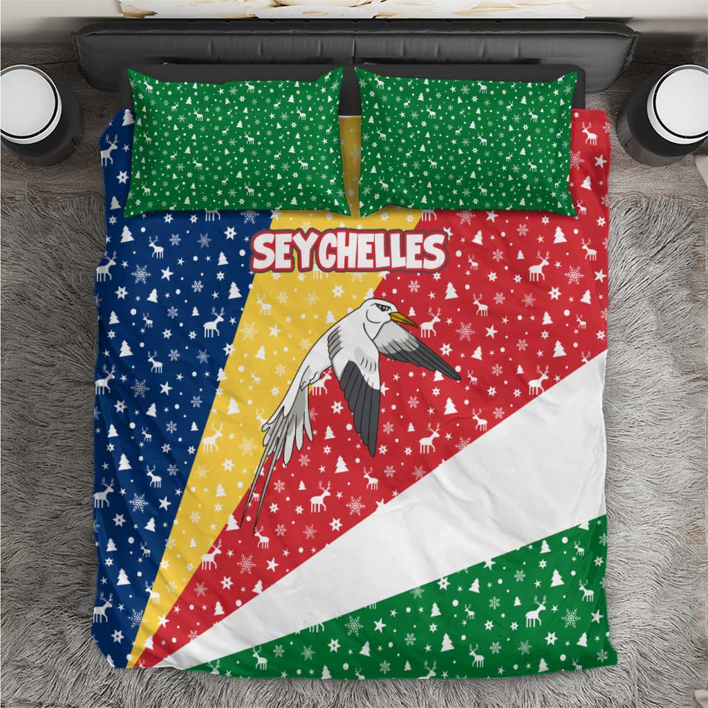 Seychelles Christmas Bedding Set with Flag Colors Pattern, Tropical Bird Motif, and National Coat of Arms - Wonder Print Shop