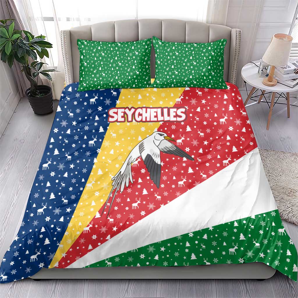 Seychelles Christmas Bedding Set with Flag Colors Pattern, Tropical Bird Motif, and National Coat of Arms - Wonder Print Shop