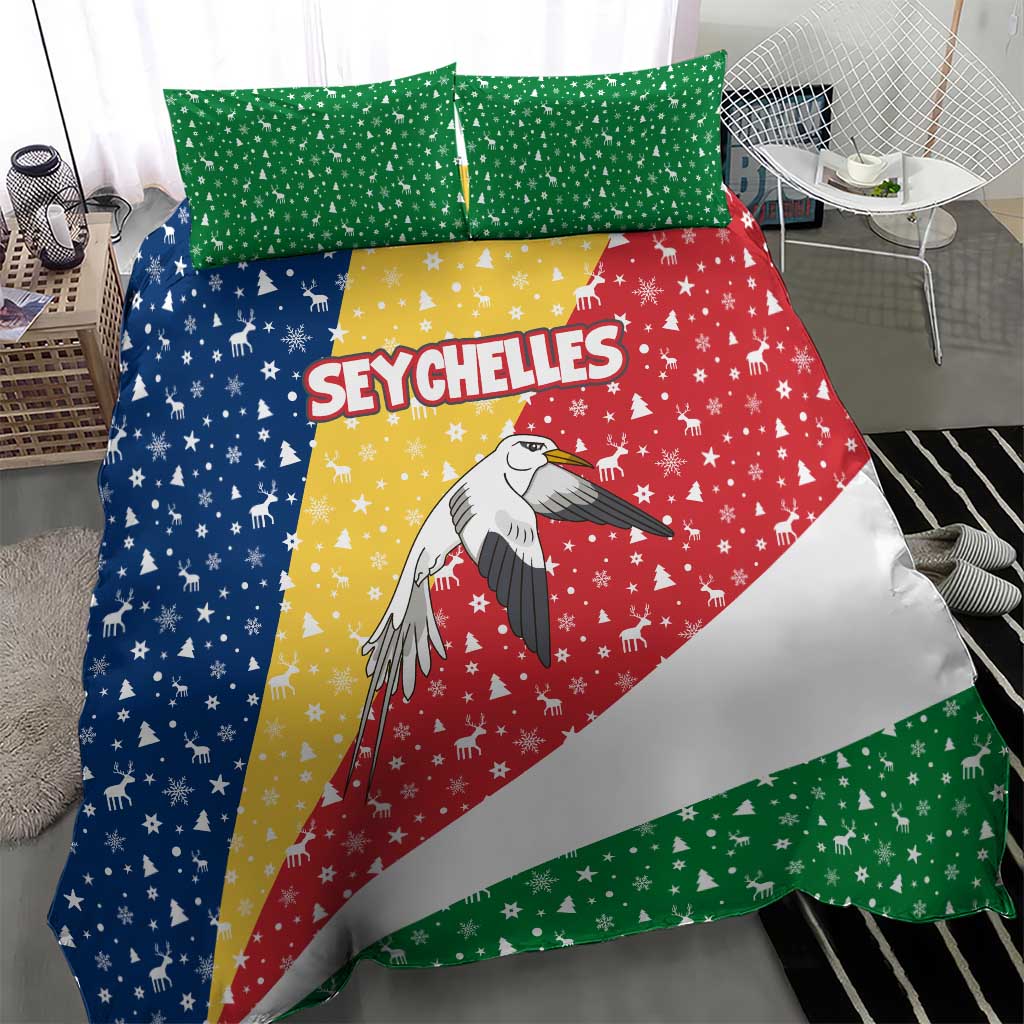 Seychelles Christmas Bedding Set with Flag Colors Pattern, Tropical Bird Motif, and National Coat of Arms - Wonder Print Shop