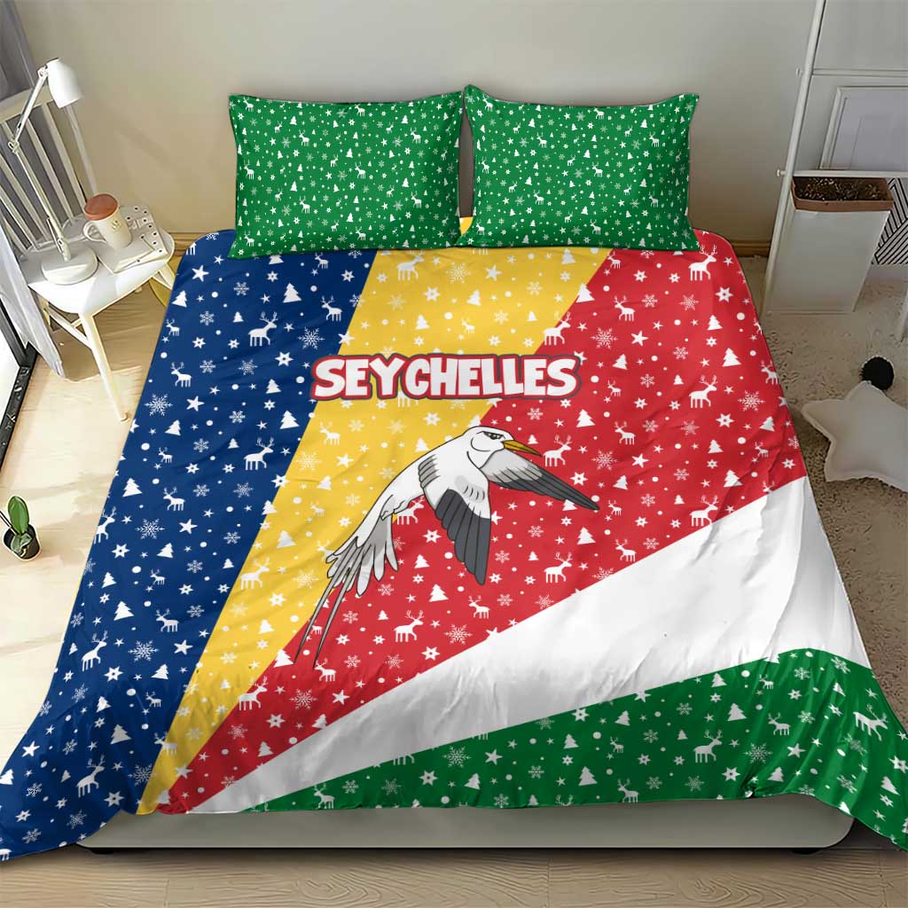 Seychelles Christmas Bedding Set with Flag Colors Pattern, Tropical Bird Motif, and National Coat of Arms - Wonder Print Shop