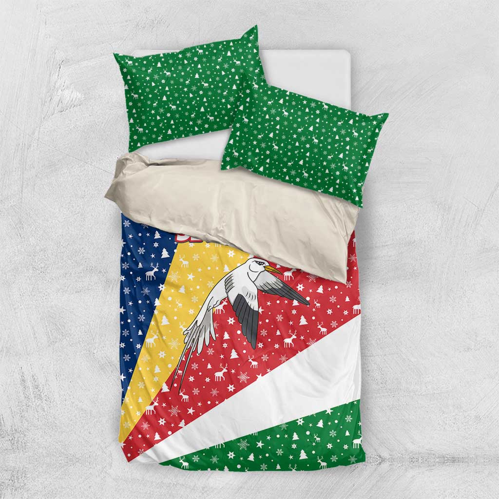 Seychelles Christmas Bedding Set with Flag Colors Pattern, Tropical Bird Motif, and National Coat of Arms - Wonder Print Shop