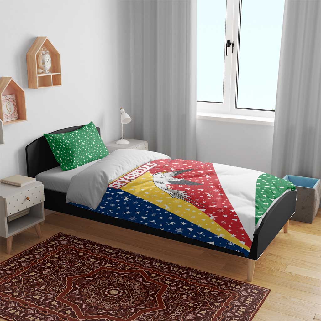 Seychelles Christmas Bedding Set with Flag Colors Pattern, Tropical Bird Motif, and National Coat of Arms - Wonder Print Shop