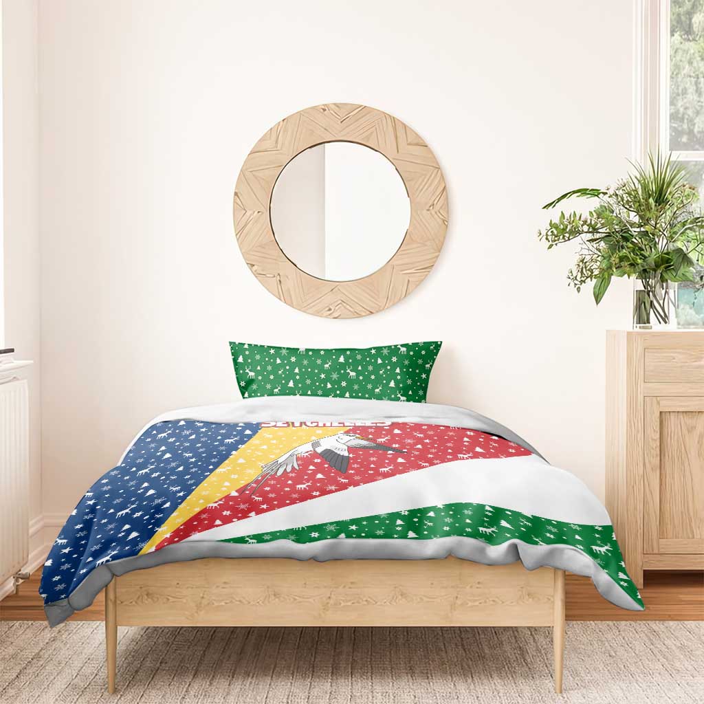 Seychelles Christmas Bedding Set with Flag Colors Pattern, Tropical Bird Motif, and National Coat of Arms - Wonder Print Shop