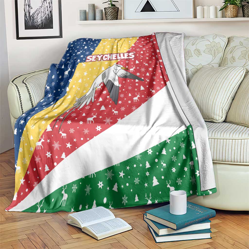 Seychelles Christmas Blanket with Flag Colors Pattern, Tropical Bird Motif, and National Coat of Arms - Wonder Print Shop