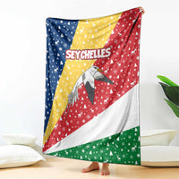 Seychelles Christmas Blanket with Flag Colors Pattern, Tropical Bird Motif, and National Coat of Arms - Wonder Print Shop