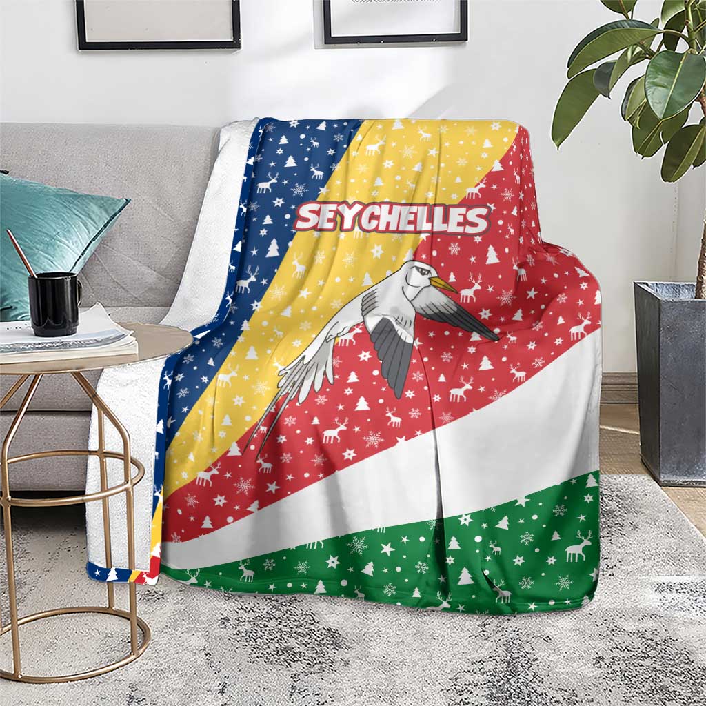 Seychelles Christmas Blanket with Flag Colors Pattern, Tropical Bird Motif, and National Coat of Arms - Wonder Print Shop