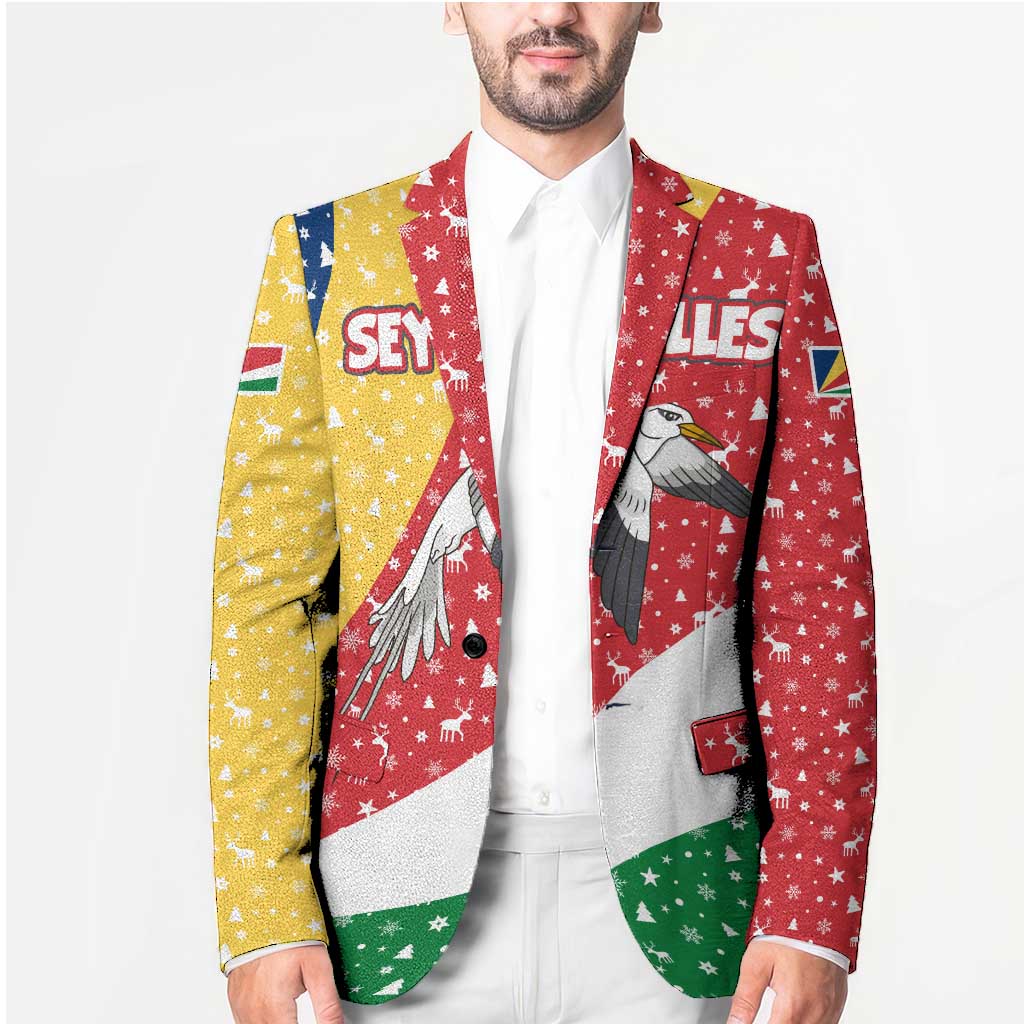 Seychelles Christmas Blazer with Flag Colors Pattern, Tropical Bird Motif, and National Coat of Arms - Wonder Print Shop
