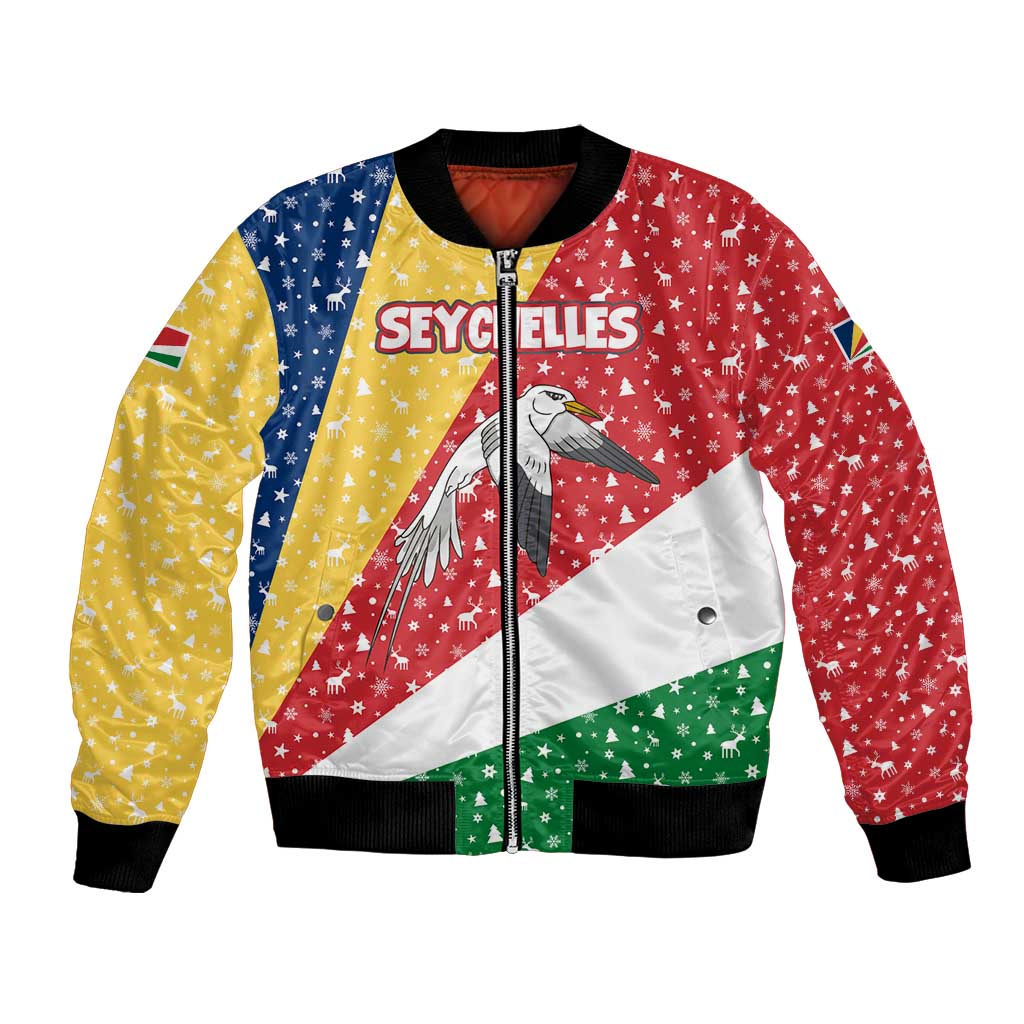 Seychelles Christmas Bomber Jacket with Flag Colors Pattern, Tropical Bird Motif, and National Coat of Arms - Wonder Print Shop